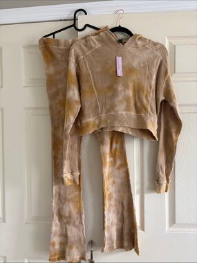 wild fable Tie-Dye Ribbed Hoodie & Flare Pants Set - Beige & Mustard